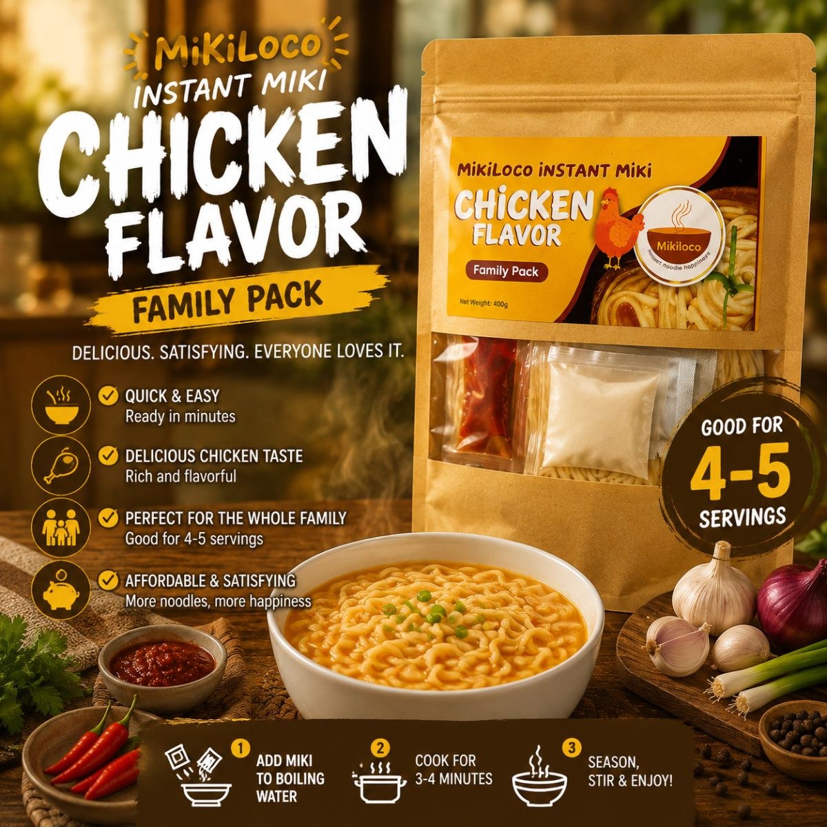 MikiLoco Instant Miki Chicken Flavor – Family Pack | Quick & Easy Ilocos-Style Noodles