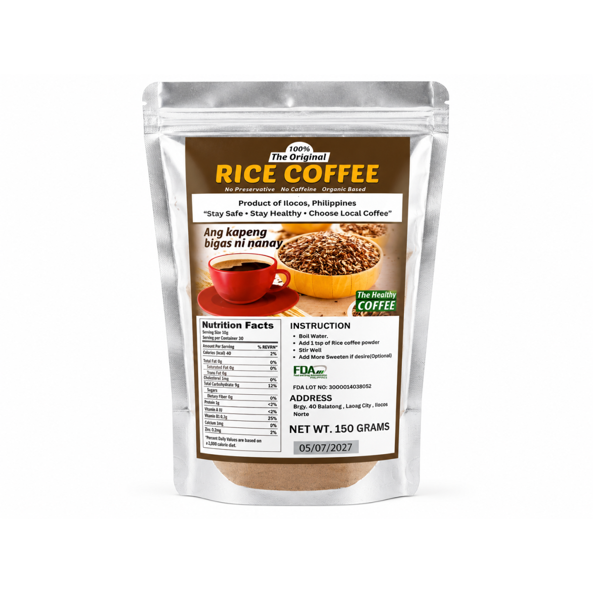 Original Rice Coffee 150g - Caffeine-Free Roasted Brown Rice Coffee Beverage